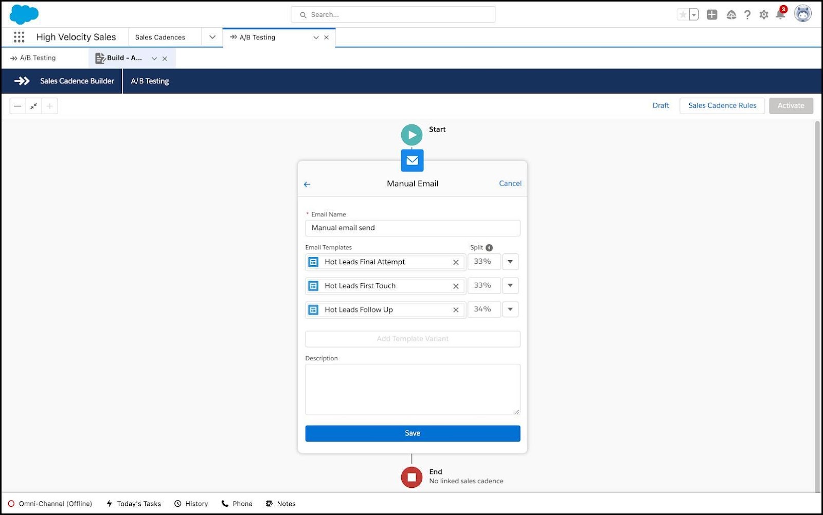 A/B testing component in HVS Sales Cadence Builder